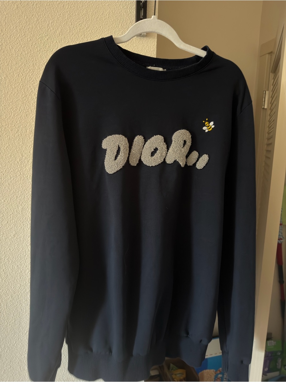 Dior Navy Crewneck Sweater with Cream Logo and Bee Accent